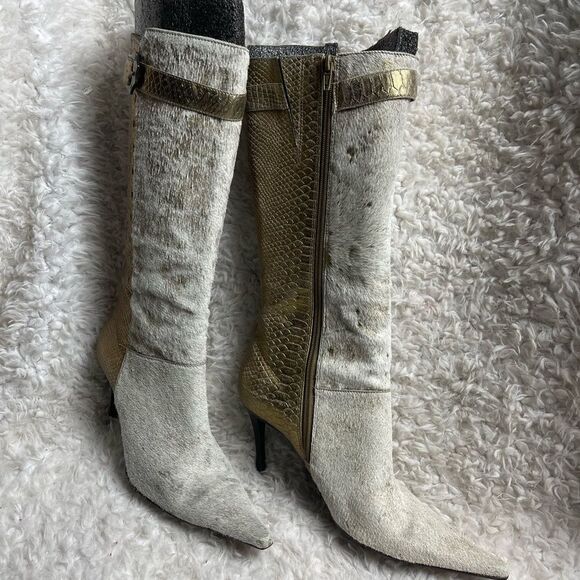 Leather Calf hair beige&gold snake skin pointed toe knee high heels boot… - Picture 3 of 14